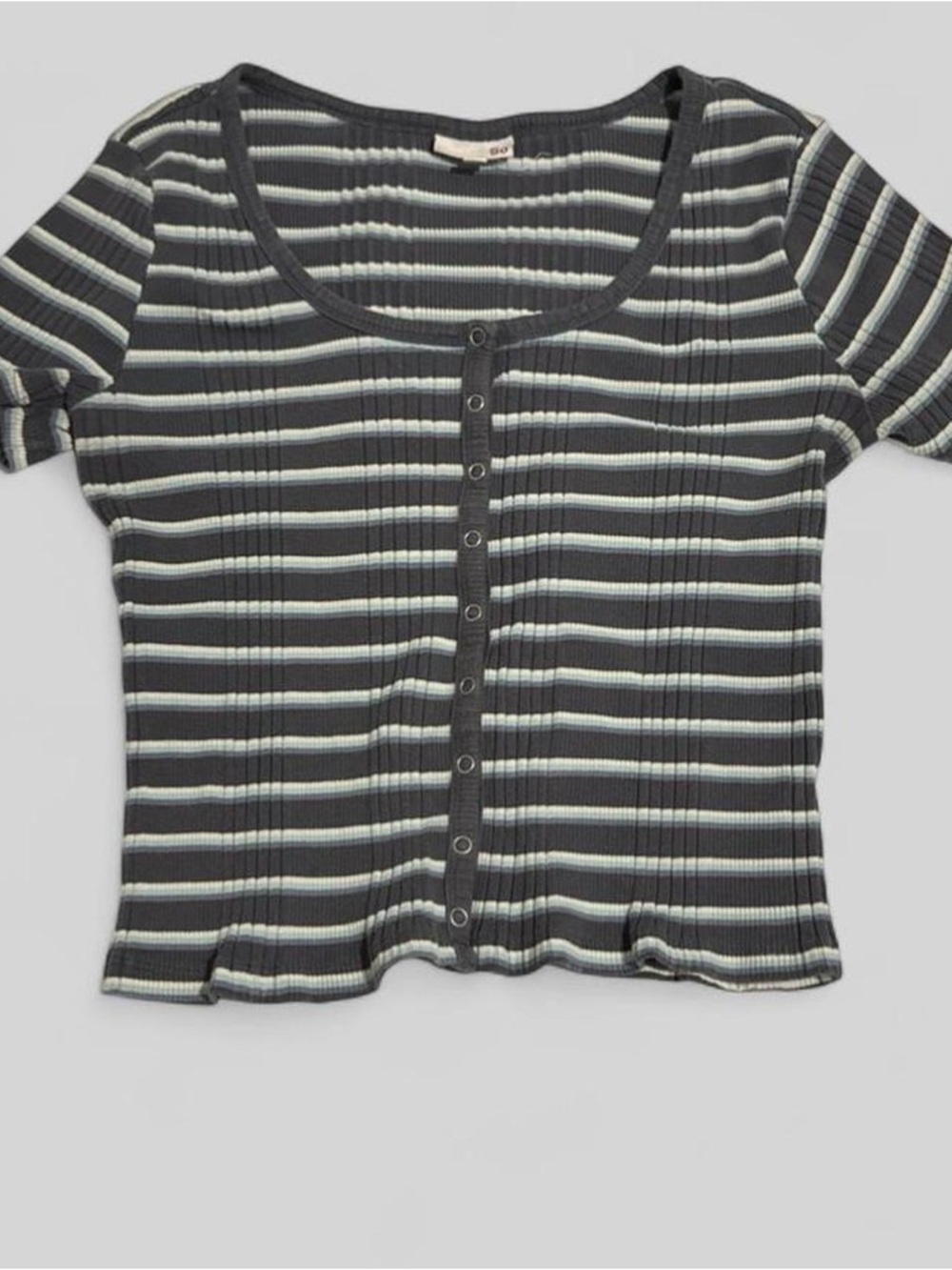 SO Grey & White Striped Ribbed Snap-Front Short Sleeve Tee